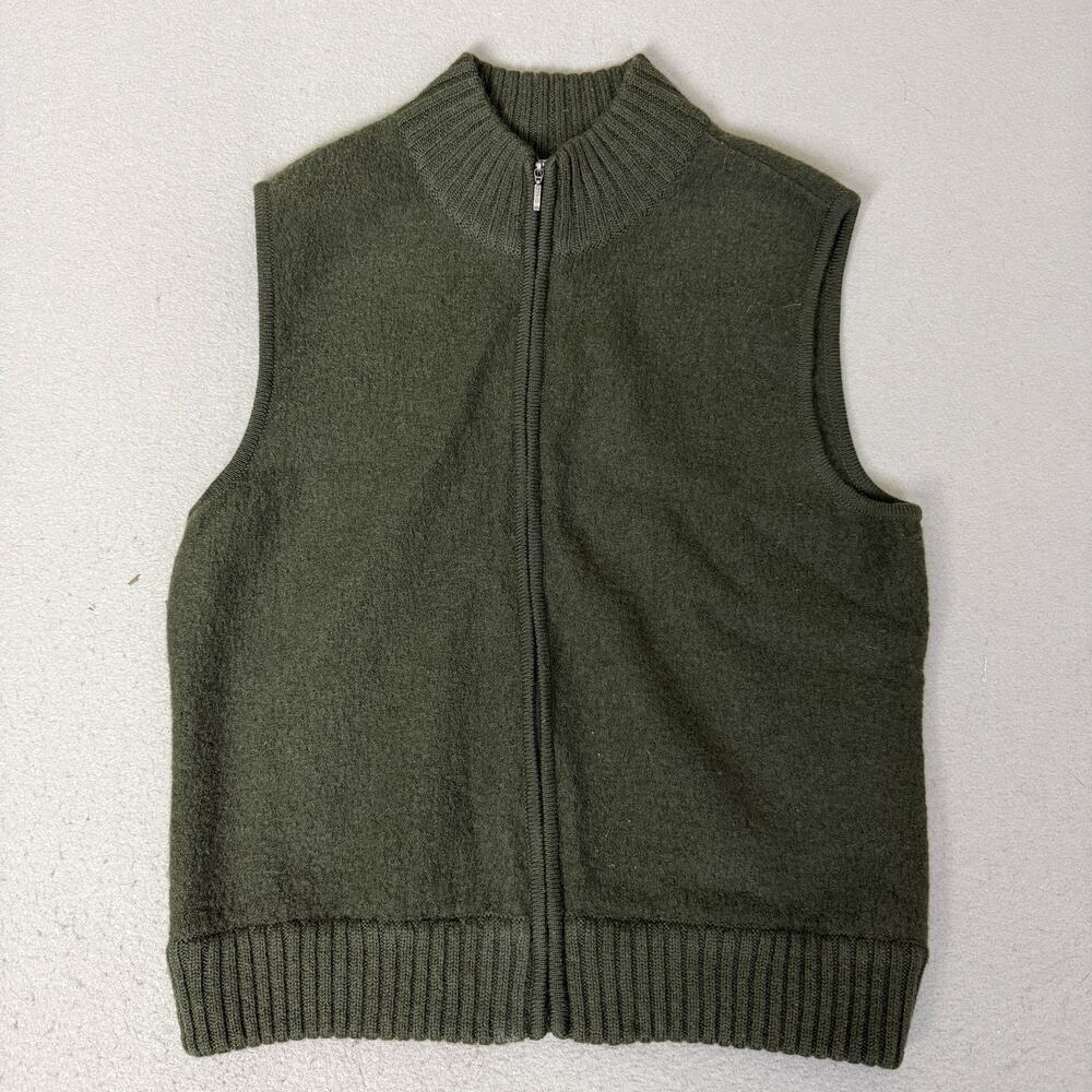 Talbots Women’s Wool Zip Sweater Vest Large Olive Green Sleeveless Mock Neck